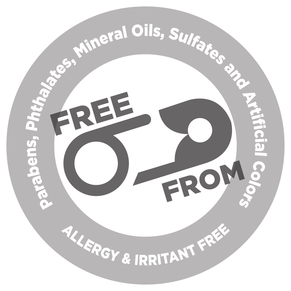 basq NYC Safety Pin Logo: Free From allergens, irritants, parabens, phthalates, mineral oil and sulfates. No artificial colors